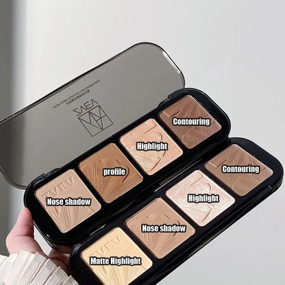 4-in-1 Contour Highlighter Palette Matte Bronzer & Shimmer Highlighter Compact Nose Contour Powder Face Sculpting Makeup Palette