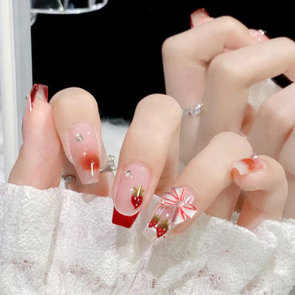 24Pcs/Set Pink Bow French Fake Nails Art Cute with Diamonds Girls Reusable Ballet Press on Nail Tips Oval Acrylic Stick on Nails