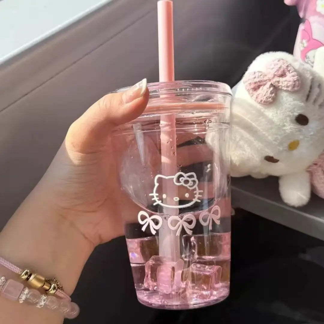 Hello Kitty Pink Straw Cup with Lid Plastic Student Portable Cup KT Cat Large-Capacity Transparent Plastic Water Cup Girl Gift