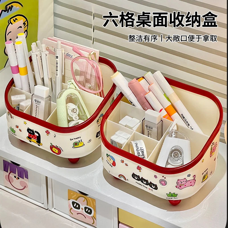 Large Capacity 6-Compartment Pen Holder – Slanted Desk Organizer for Office & Home (DIY Sticker-Friendly)