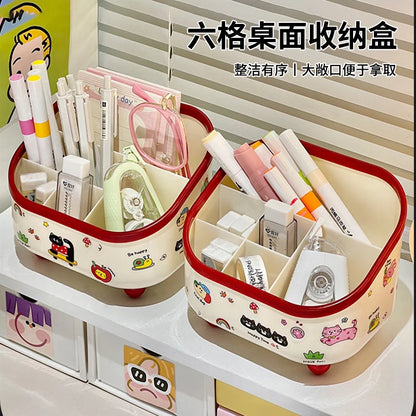 Large Capacity 6-Compartment Pen Holder – Slanted Desk Organizer for Office & Home (DIY Sticker-Friendly)