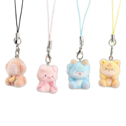Cute Plush 3D Cat Keychain Creative Flocking Animal Pendant Bag Phone Lanyard Hanging Keycord Charm Keychain DIY Accessories