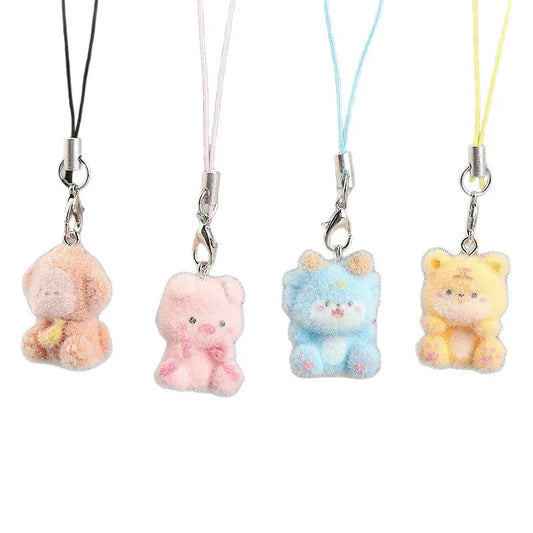 Cute Plush 3D Cat Keychain Creative Flocking Animal Pendant Bag Phone Lanyard Hanging Keycord Charm Keychain DIY Accessories