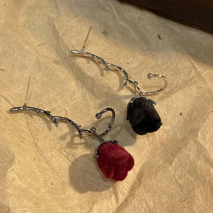 Vintage Red Velvet Rose Flower Thorn Clip Earrings For Women Fashion Creative Without Piercing  Ear Cuff Party Jewelry Gifts