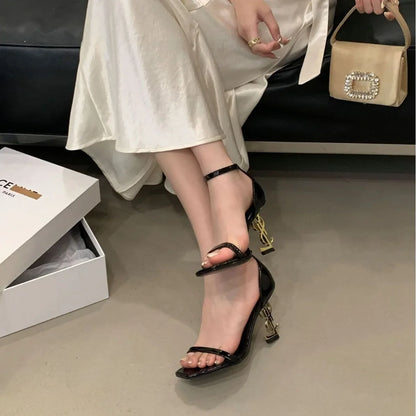Sexy Letter High Heel Sandals Summer New One Strap Buckle Women's Shoes Square Head Thin Heel Sandals Fragrant Style EVA Materia