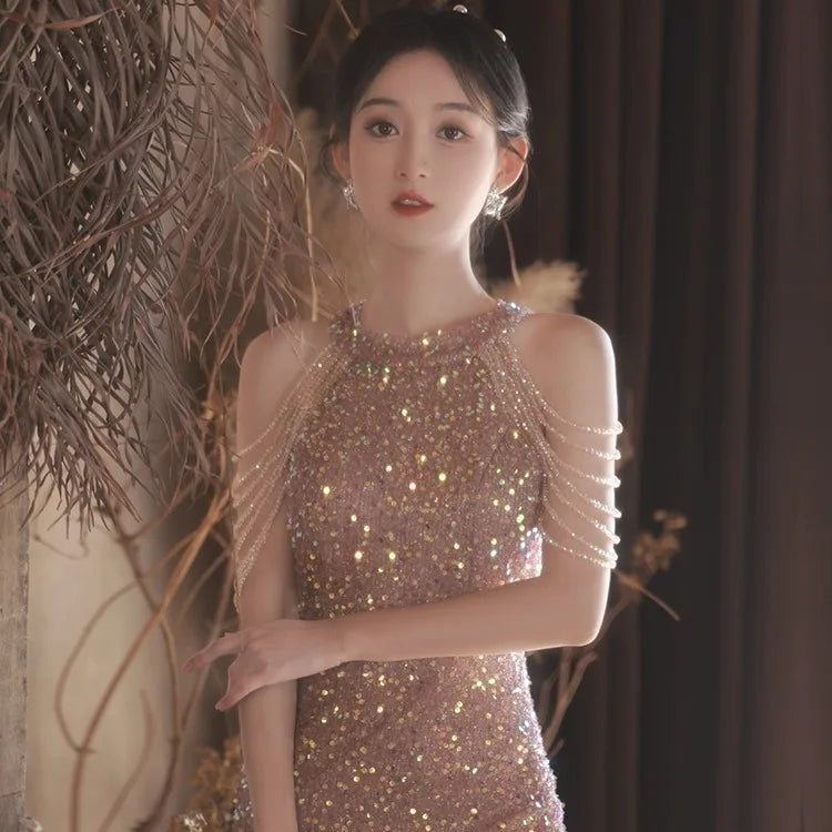 New beige sequined halter luxury sweat lady girl women princess banquet party ball prom dress performance gown