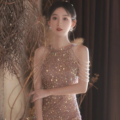 New beige sequined halter luxury sweat lady girl women princess banquet party ball prom dress performance gown