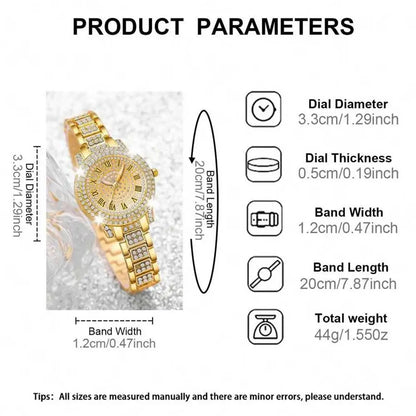 4PCS Luxury Women's Watch Set Trendy Fashion with Rhinestones Roman Numerals Round Dial Quartz watch Bracelet set Perfect Gift