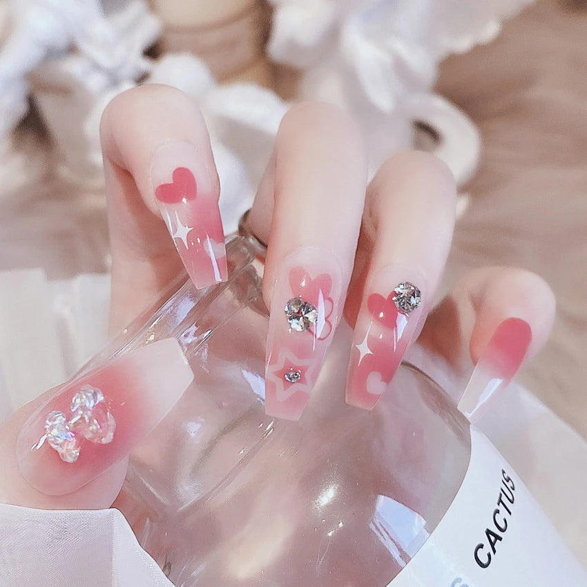 24Pcs/Set Pink Bow French Fake Nails Art Cute with Diamonds Girls Reusable Ballet Press on Nail Tips Oval Acrylic Stick on Nails