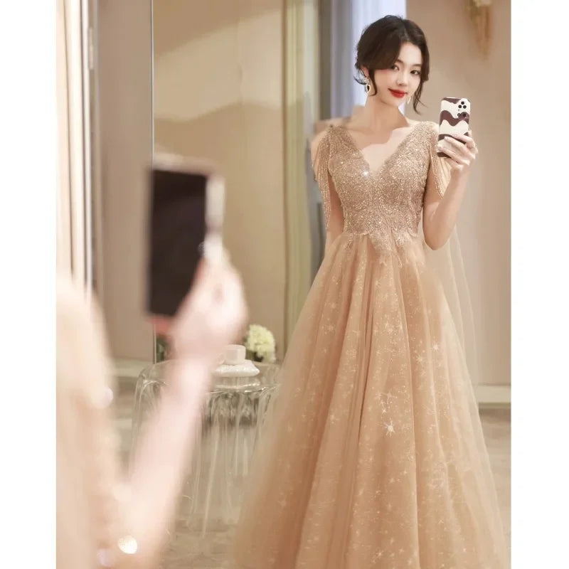 Customized Khaki Banquet Evening Dress Spring/Summer New Style Sparkling Tassel Choral Performance Dress New Year Party Dress