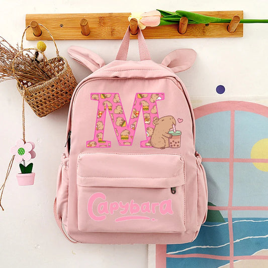 Capybara Cute Backpack Girls Capibara Anime Letter A-Z Schoolbag Kids School Travel Shoulders Bag Outdoor Sport Rucksack Gift