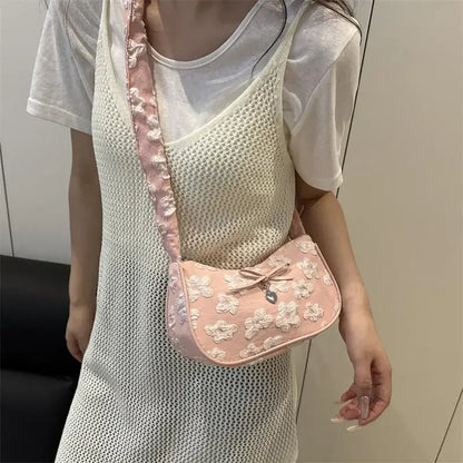 Chic Crescent Bag for Women with Bow Floral Print Pleated Design Trendy Crossbody Bag Sweet Girl's Luxurious Commuter Handbag