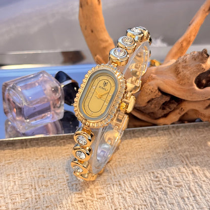 New Arrival Elegant Oval Shape Compact Gold Watch for Women Vintage Elegance Luxury Diamond Embedded Bracelet Quartz Wristwatch