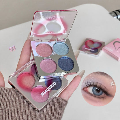 Eyeshadow Highlighter Palette, 4 Shade Galaxy Glitter & Matte, Icy Pink & Blue Shimmer Brightening Powder, Natural Silky Smooth
