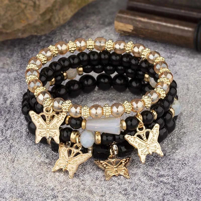 4Pcs Trendy Butterfly Beaded Bracelet Set For Women Pink Acrylic Beads Elastic Chain Bangle Female Bohemian Party Jewelry Gift
