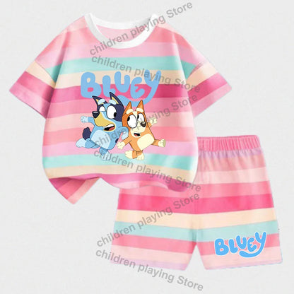 Blueyi Series Child Stripes Sets Summer Girls Boys T-Shirt Shorts Suits Cartoon Bingo Casual Sport Clothes Kids Sleepwear Gifts