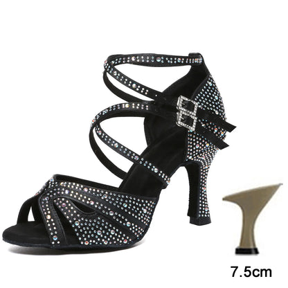 DKZSYIM Rhinestone Women Latin Dance Shoes Latin Salsa Girl Dancing Shoes Black Shiny Ballroom Dance Shoes For Girls Ladies