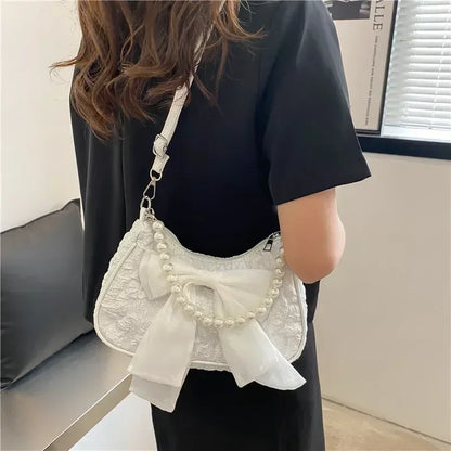 New Pearl Female Bag Retro Handbag Bow Crossbody Bags Fashion Canvas Women's 2025 Trend Shoulder Bag Purses for Girl