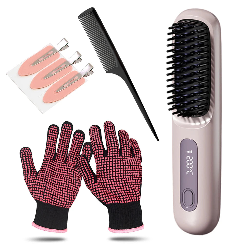 Portable Straightener Brush Cordless Hair Straightener Brush 3Setting Temperature Rechargeable Ceramic Hot Comb Brush for Travel