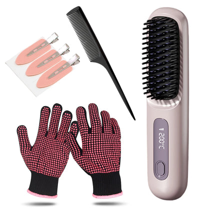 Portable Straightener Brush Cordless Hair Straightener Brush 3Setting Temperature Rechargeable Ceramic Hot Comb Brush for Travel