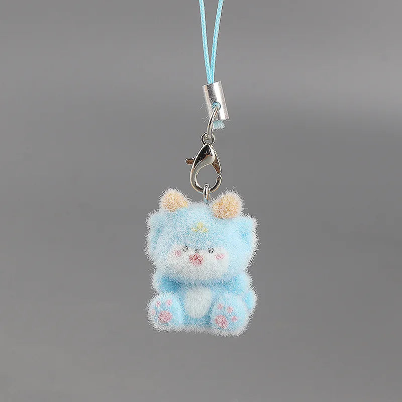 Cute Plush 3D Cat Keychain Creative Flocking Animal Pendant Bag Phone Lanyard Hanging Keycord Charm Keychain DIY Accessories