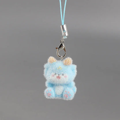 Cute Plush 3D Cat Keychain Creative Flocking Animal Pendant Bag Phone Lanyard Hanging Keycord Charm Keychain DIY Accessories