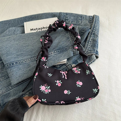 Gentle and Sweet Flower Canvas Bag for Women 2025 New Drawstring Shoulder Bag High Beauty Broken Flower Bow