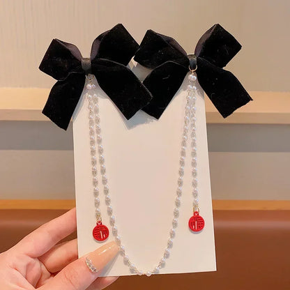 New Elegant Pearl Bow Tassel Hair Clips Solid Velvet Hair Claw Children Princess Hairpins Hair Accessories Заколка Для Волос