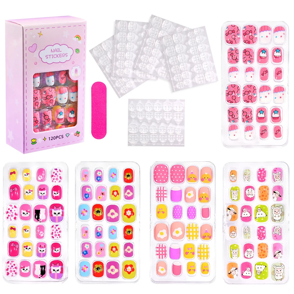 120pc/Box Kid's Christmas Press On Nails Kawaii Cartoon Santa Snowman Xmas Tree Full Cover Acrylic False Nail Kid Christmas gift