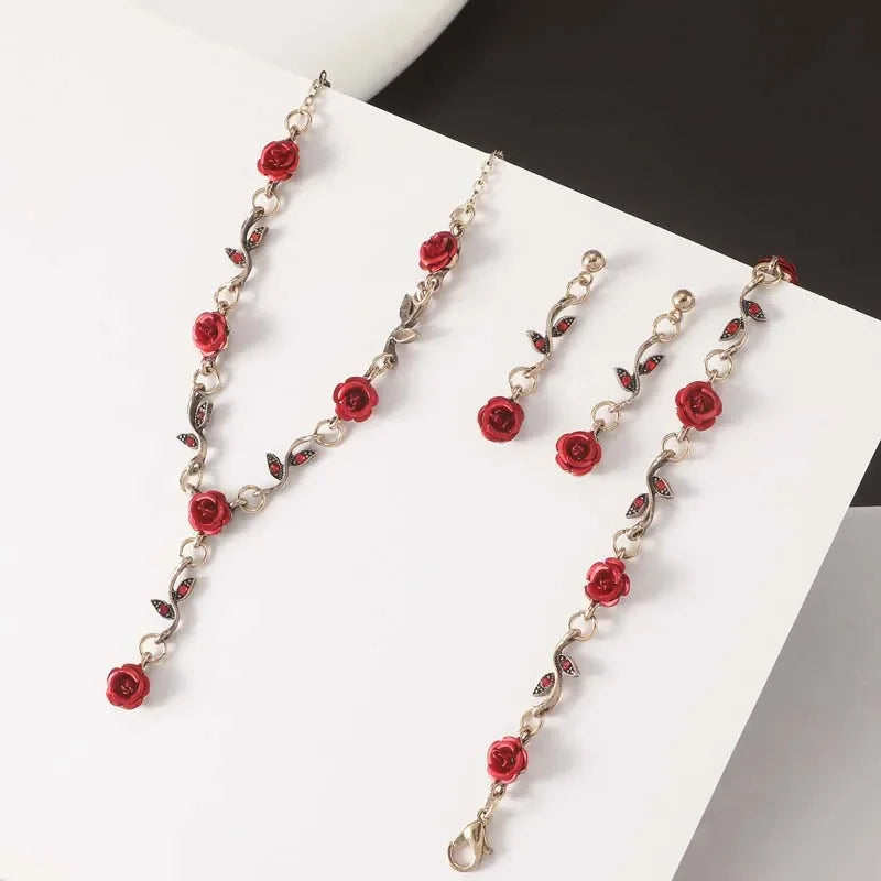 Vintage French Red Rose Flower Necklace Bracelet Set for Women Fashion Romantic Clavicle Chain Necklace Engagement Jewelry Gifts