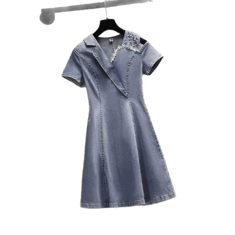 Fashionable Denim Two-Piece Set Women's Shoulder Bared Dress Design Sensation Summer Slimming Goddess Style Skirt Trendy