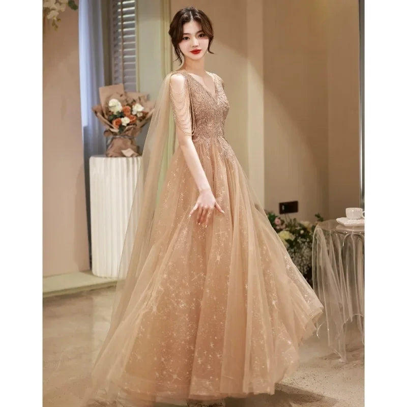 Customized Khaki Banquet Evening Dress Spring/Summer New Style Sparkling Tassel Choral Performance Dress New Year Party Dress