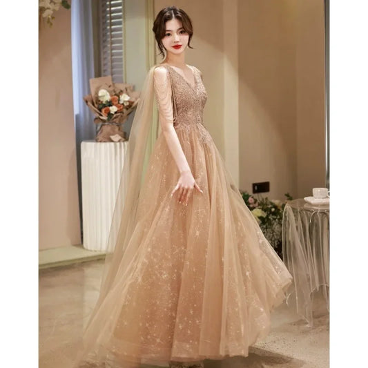 Customized Khaki Banquet Evening Dress Spring/Summer New Style Sparkling Tassel Choral Performance Dress New Year Party Dress