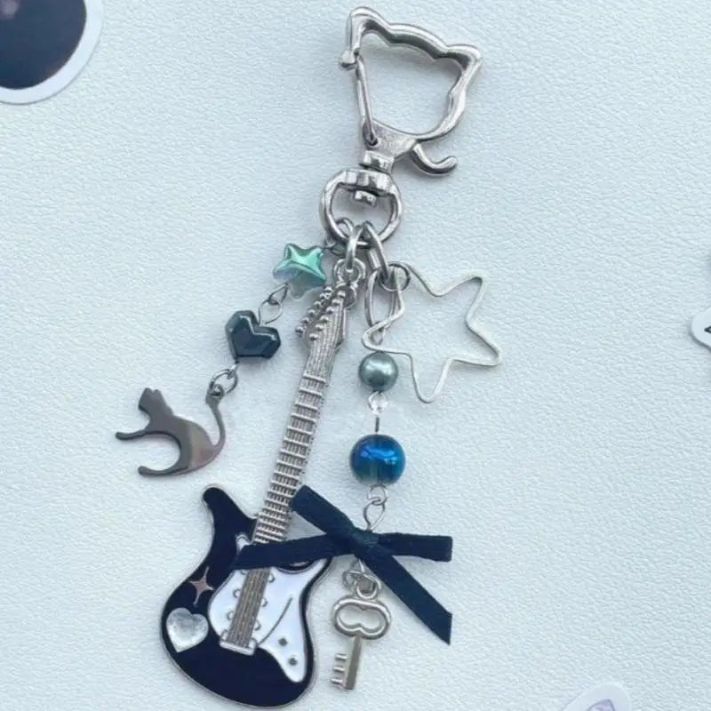 1Piece Y2K Guitar Cat Key Chain For Men Women Pentagram Bow Pendant Fashion Rock Punk Bag Accessories Gift