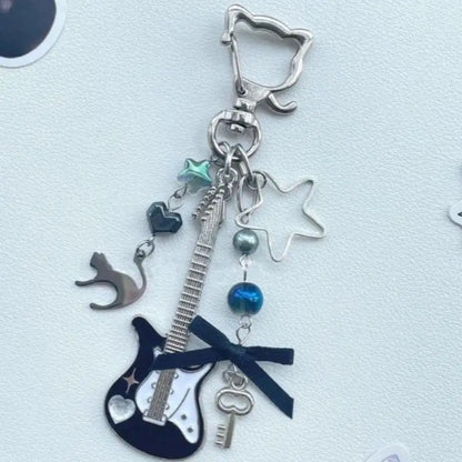 1Piece Y2K Guitar Cat Key Chain For Men Women Pentagram Bow Pendant Fashion Rock Punk Bag Accessories Gift