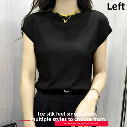 High Elasticity Ice Silk Thread Summer New Loose Women's T-Shirt Short Sleeve Crew Neck Simple Style Pure Color Top
