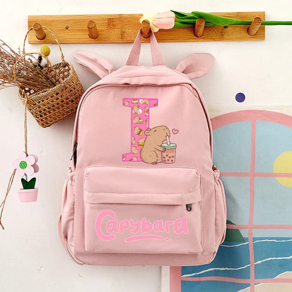 Capybara Cute Backpack Girls Capibara Anime Letter A-Z Schoolbag Kids School Travel Shoulders Bag Outdoor Sport Rucksack Gift