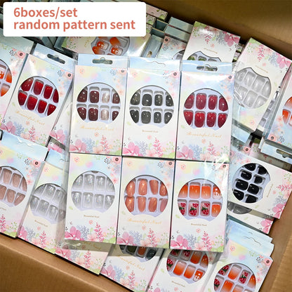 144pcs Random Pink French Fake Nails Set Mixed Short Square Medium Almond Design Press On Nails Glossy Nail Patch for Girl Women