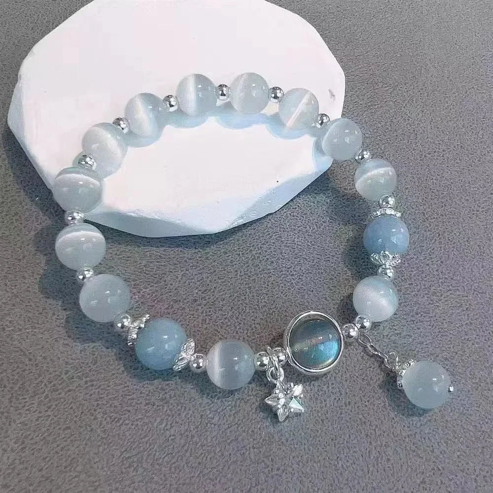 Crystal Niche Design Star Chain Tassel Bracelet for Women Fantasy Blue Beads Elastic Rope Bracelet Best Friend Jewelry Gifts