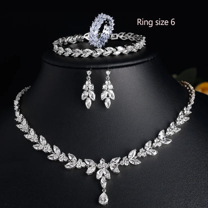 ZAKOL Luxury Brilliant Zirconia Leaf Necklace Earrings Rings Bracelets Set for Women CZ Drop Bridal Wedding Jewelry Sets