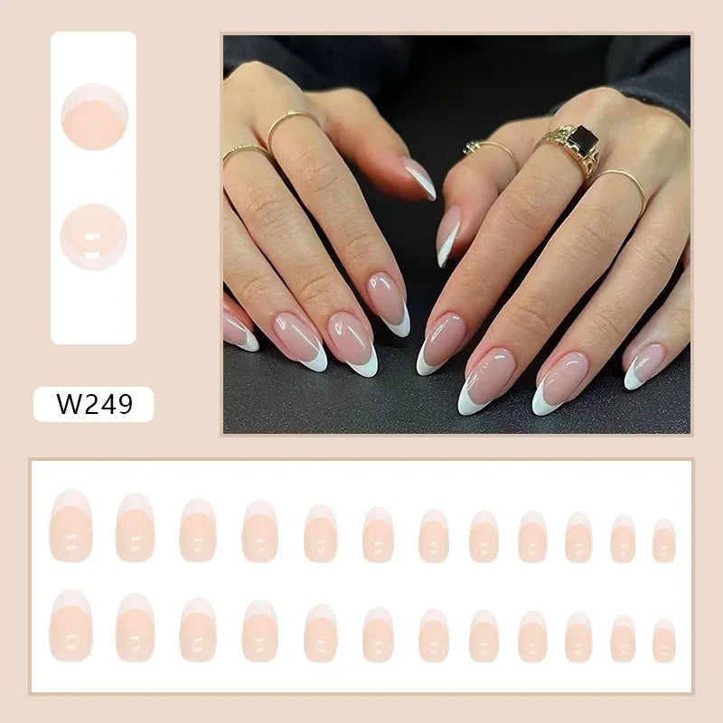 Fresh Green Tea 24 Pcs Fake Nail with Jelly sticker Press on False Nails Wearable Round Head Oval Full Cover Nail Tips