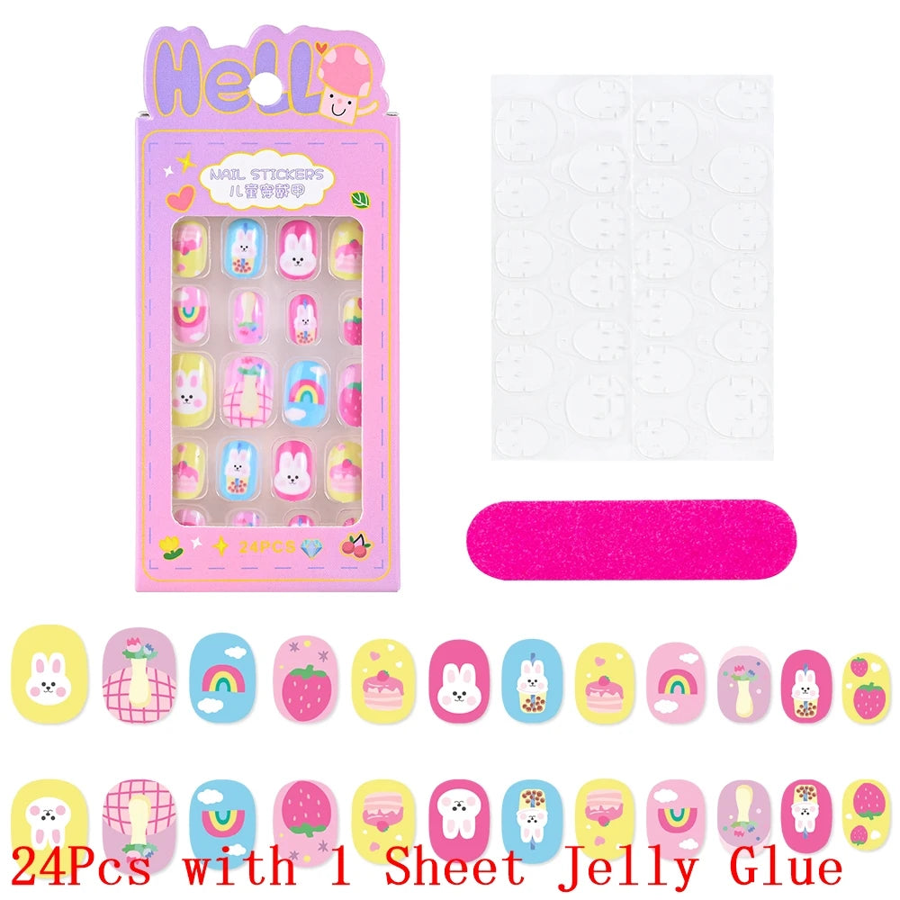 12pcs Cute Kids Dress-Up Fake Nail Girls Press on Nails Princess Pretend Play Toy Nail Tips Self-adhesive Children False Nails *
