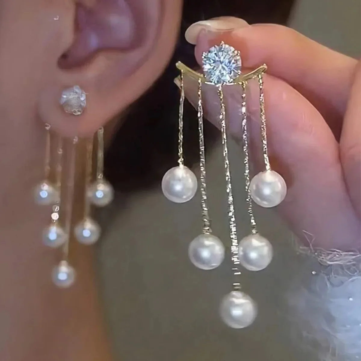 Korean Luxury Pearl Tassel Earrings Women Jewelry Fashion New Luxury Women's Banquet Wedding Pearl Stud Earrings