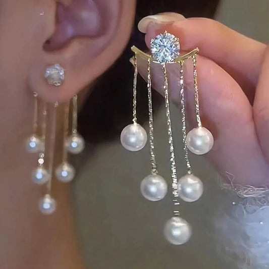 Korean Luxury Pearl Tassel Earrings Women Jewelry Fashion New Luxury Women's Banquet Wedding Pearl Stud Earrings