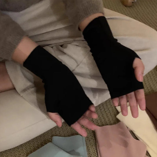 1 Pairs Half Finger Gloves Thumb Holes Hand Wrist Arm Warmer Solid Color Stretch Mittens Unisex Warm Fingerless Knitted Gloves