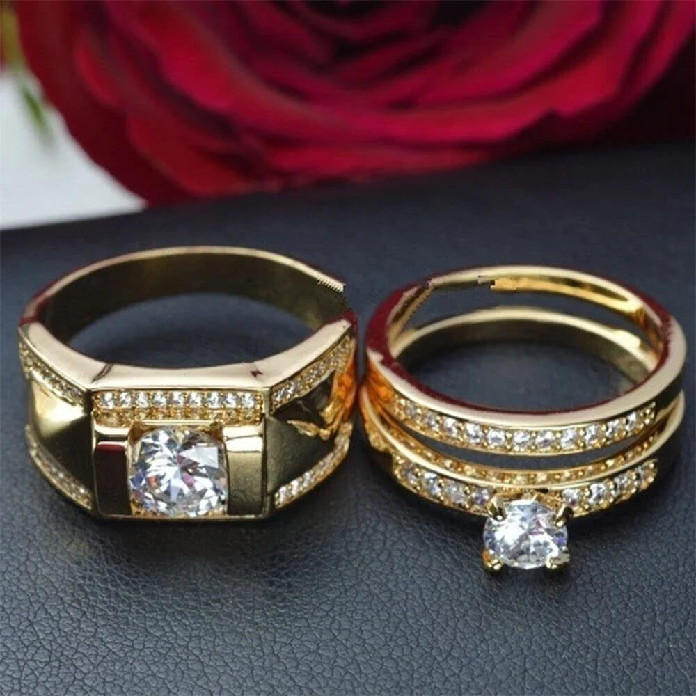 Fashion Couple Rings Romantic Women Rhinestones CZ Rings Set Trendy Men Stainless Steel Zircon Stone Rings Wedding Band Jewelry