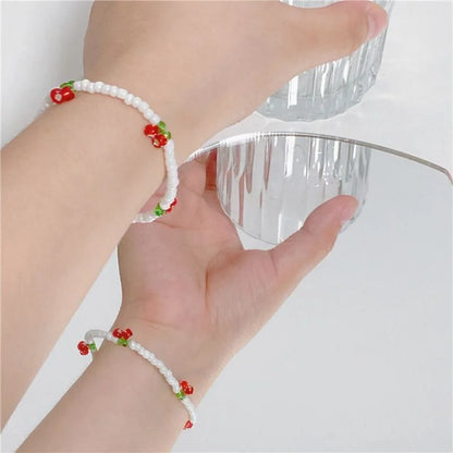 1PC Summer Niche Fresh White Crystal Beaded Bracelet Hand-woven Stylish Simplicity Cherry Bracelet Jewelry Girls Party Gifts