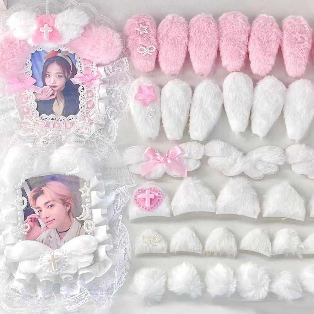 10Pcs Sweet Plush DIY Photocard Holder Handmade Material Korean Idol Photo Card Holder Lace Strips Cute Cartoon Ears Accessories