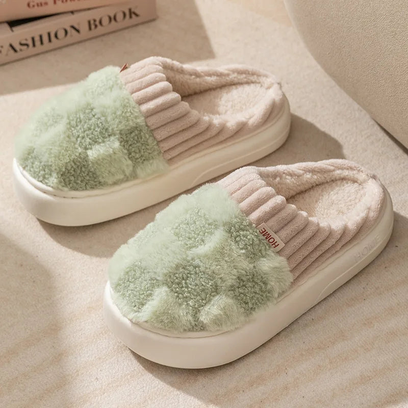 Litfun Winter Fur Fuzzy Slippers For Women New Pineapple Lattice Soft Sole Plush Shoes Non-slip Warm Home Fluffy Cotton Slippers
