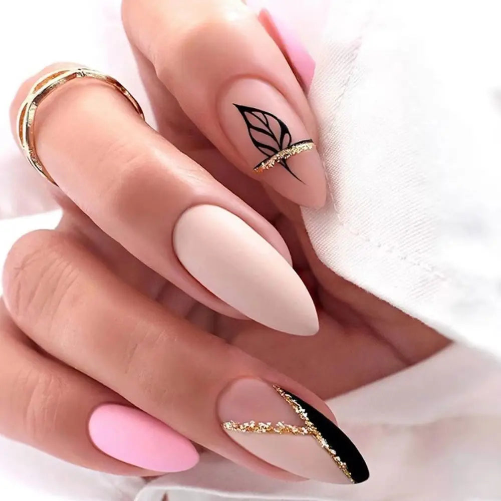 24pcs/set Long Stiletto Fake Nails Punk Snake Pattern Black White Matte False Nails Artificial Full Nail Tips Manicure Tools